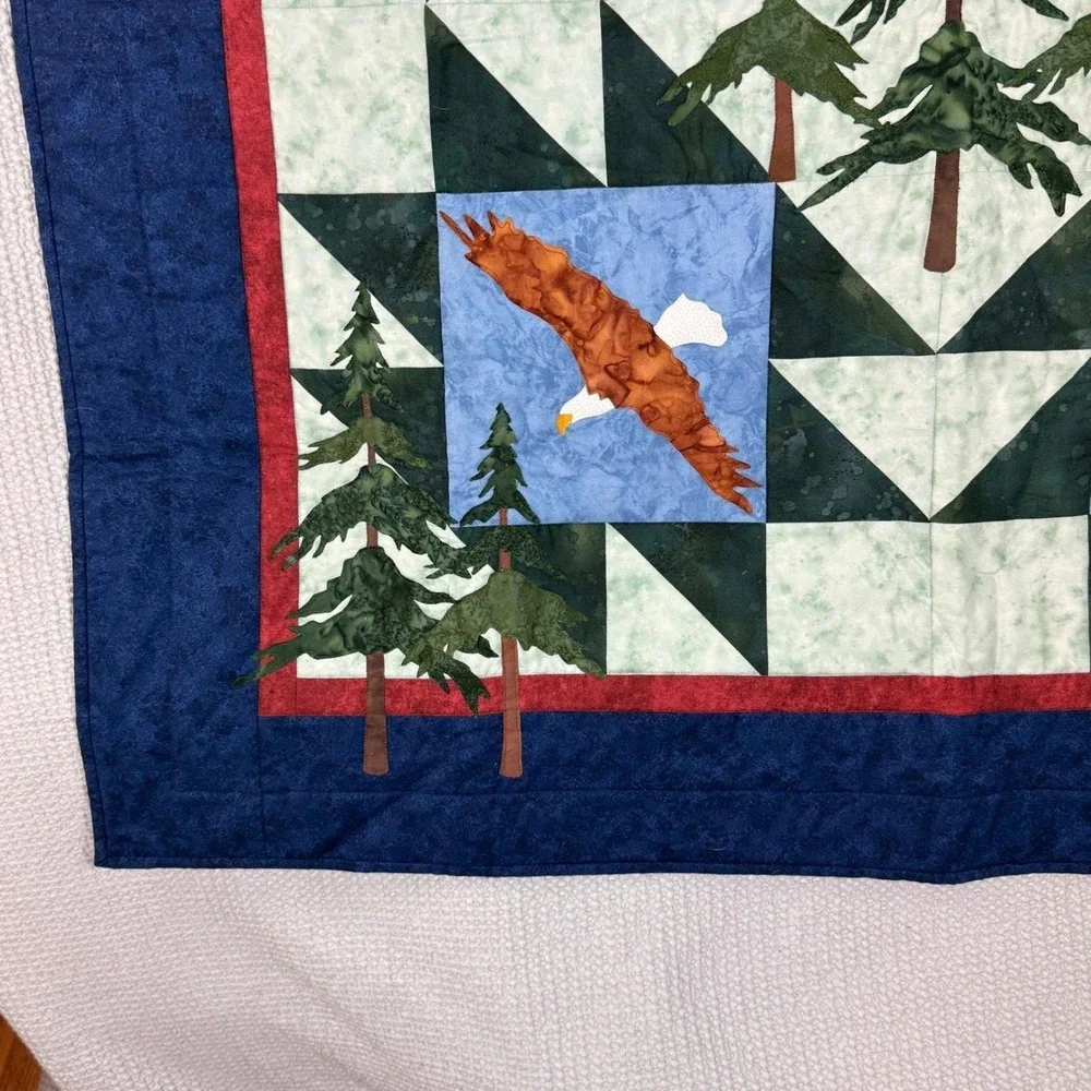 Handmade Wall Quilt Fiber Art, Eagles, Pine Forest Cabincore Lodge, Nature Lover